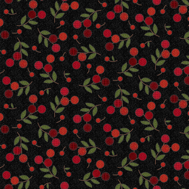 Black fabric with tossed sprigs of red cherries and single cherries.