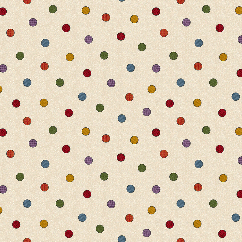 Cream fabric with scattered multicolored dots.