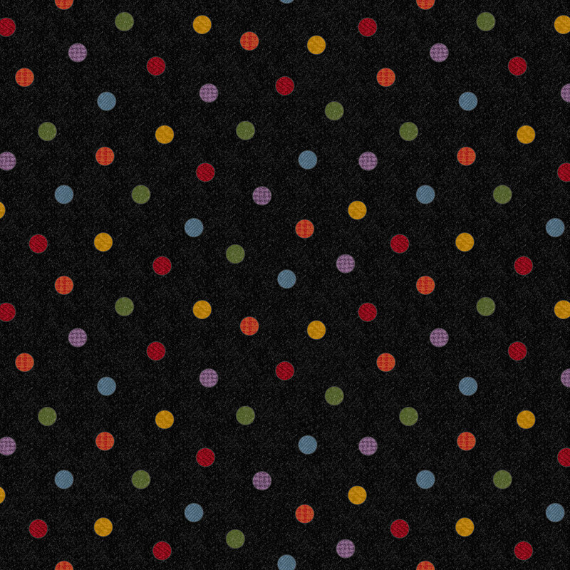 Black fabric with scattered multicolored dots.