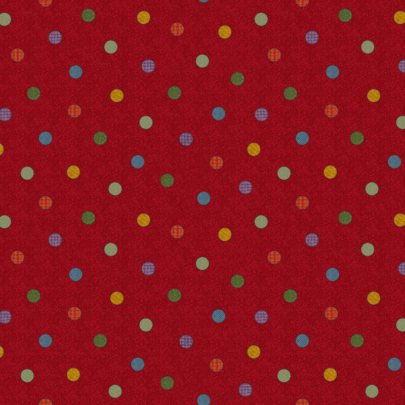 Red fabric with scattered multicolored dots.