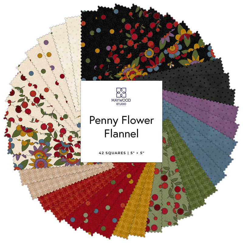 Collage of the 5" Square Bundle from the Penny Flower Flannel fabric collection.