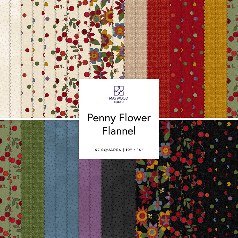 Collage of the 10" Square Bundle from the Penny Flower Flannel fabric collection.