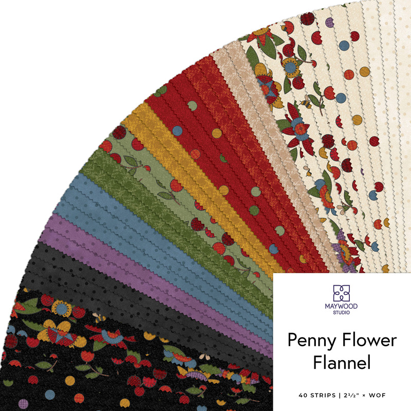 Collage of the Strip Roll Bundle from the Penny Flower Flannel fabric collection.