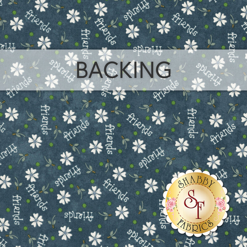 Dark blue swatch of fabric featuring tossed green dots, white flowers, and the word "friends" in white text; a transparent banner at the top reads "Backing."