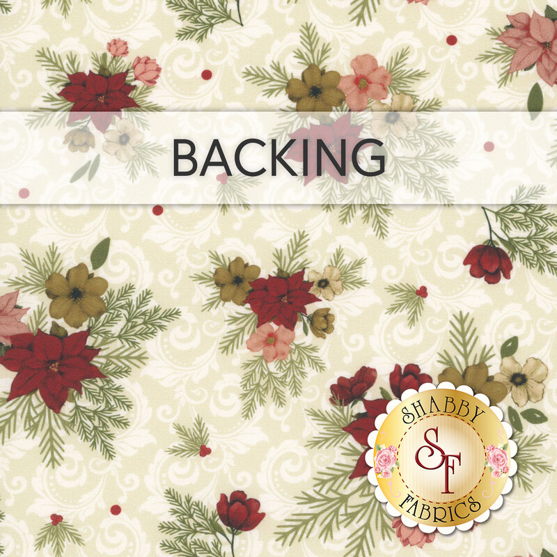 Swatch of cream fabric with tossed winter florals in red, ocher, and pink. A transparent banner at the top reads "Backing." 