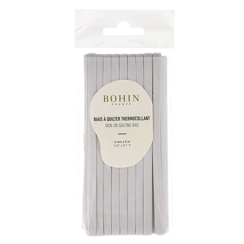 Chalk bias tape in packaging labeled Bohin iron on quilting bias, isolated on a white background.