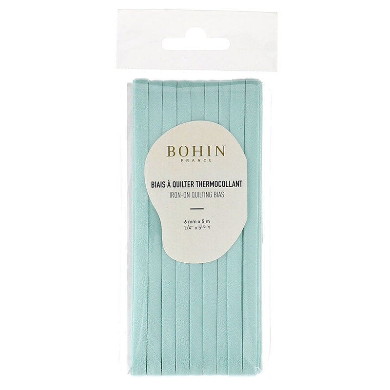 mint green bias tape in packaging labeled Bohin iron on quilting bias, isolated on a white background.