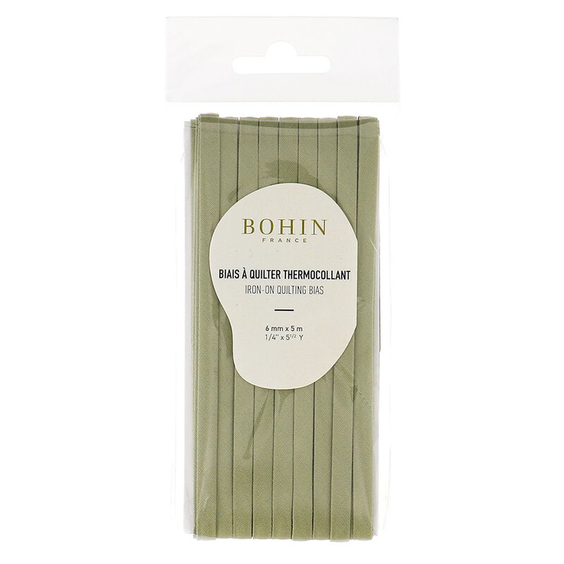 khaki bias tape in packaging labeled Bohin iron on quilting bias, isolated on a white background.