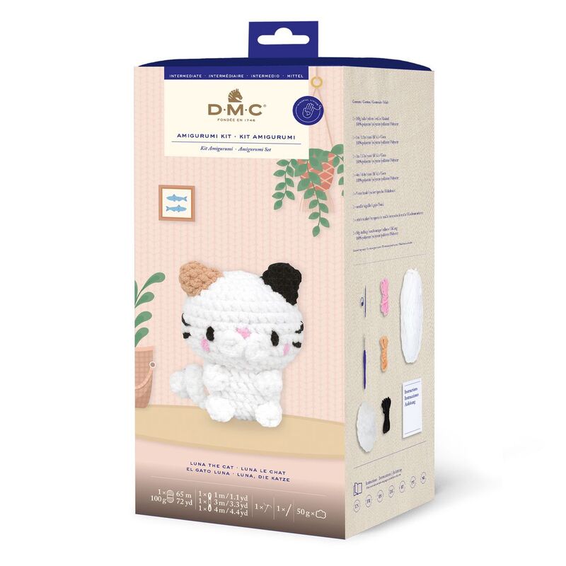 Package of a crochet kit featuring a colorful cat named Luna