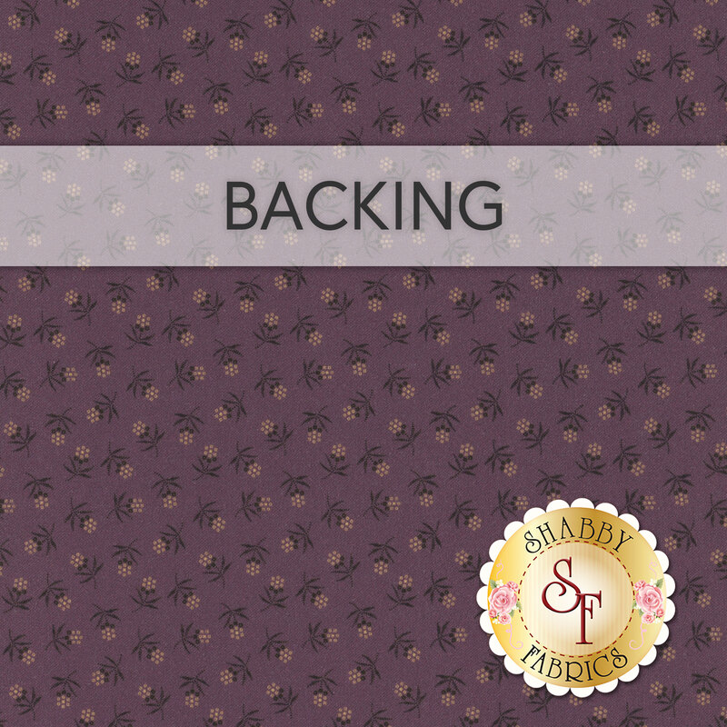 A swatch of plum purple fabric with ditsy yellow flowers. A transparent banner at the top reads "Backing" and a golden Shabby Fabrics logo sits in the bottom right corner.