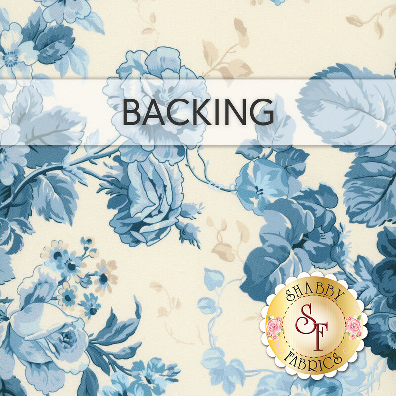 Swatch of cream fabric featuring tossed florals in blue; a transparent banner at the top reads "Backing." 