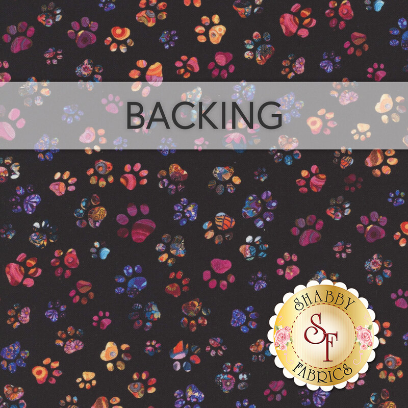 A swatch of black fabric with multicolored cat paw prints scattered across the design. A transparent banner at the top reads "Backing" and a golden Shabby Fabrics logo sits in the bottom right corner.