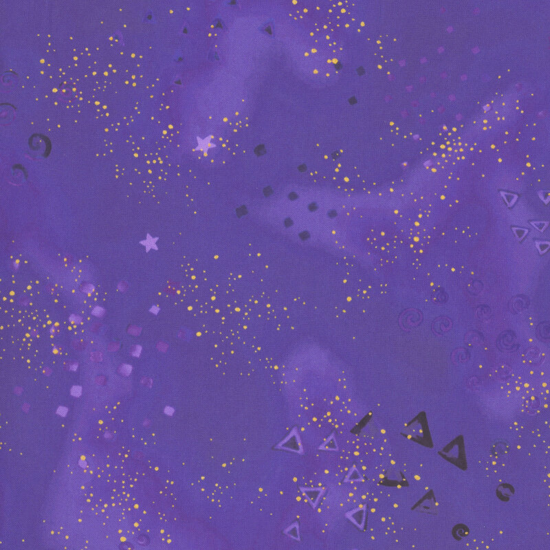 Purple mottled fabric with clustered gold metallic flecks and pale triangles, stars, and spirals