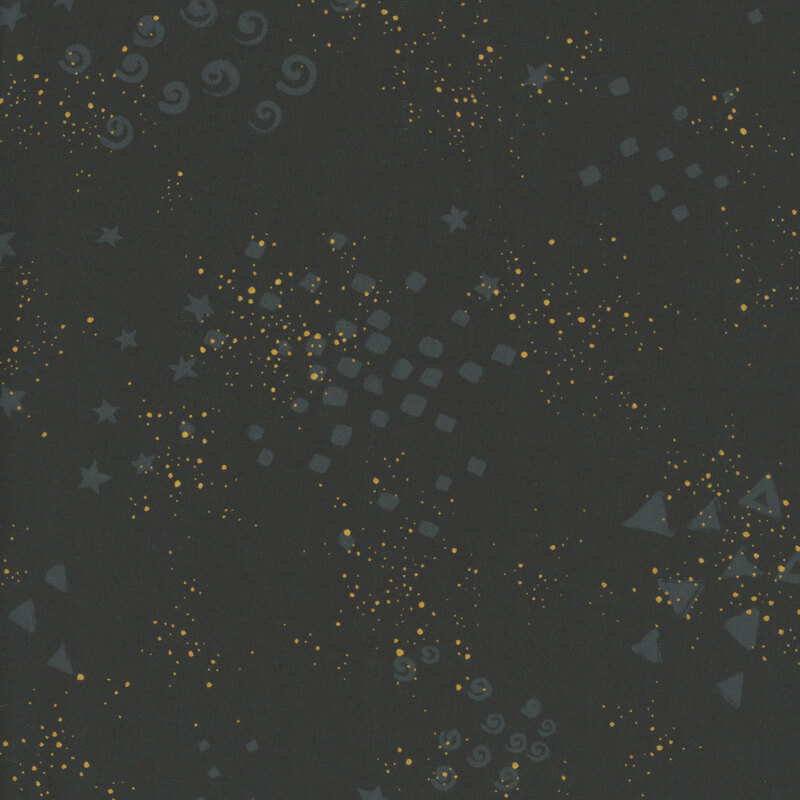 Black fabric with small clusters of purple triangles, spirals, stars, and gold metallic flecks