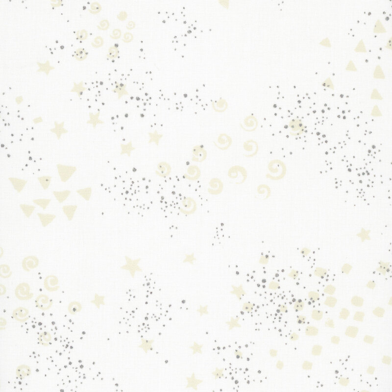 white fabric with clustered gold metallic flecks and pale triangles, stars, and spirals