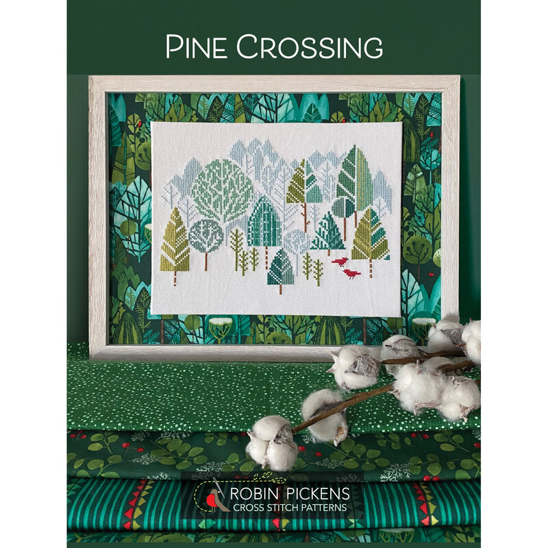 Front of pattern, showing the final stitched project in a wood frame on a mosaic Christmas tree design.