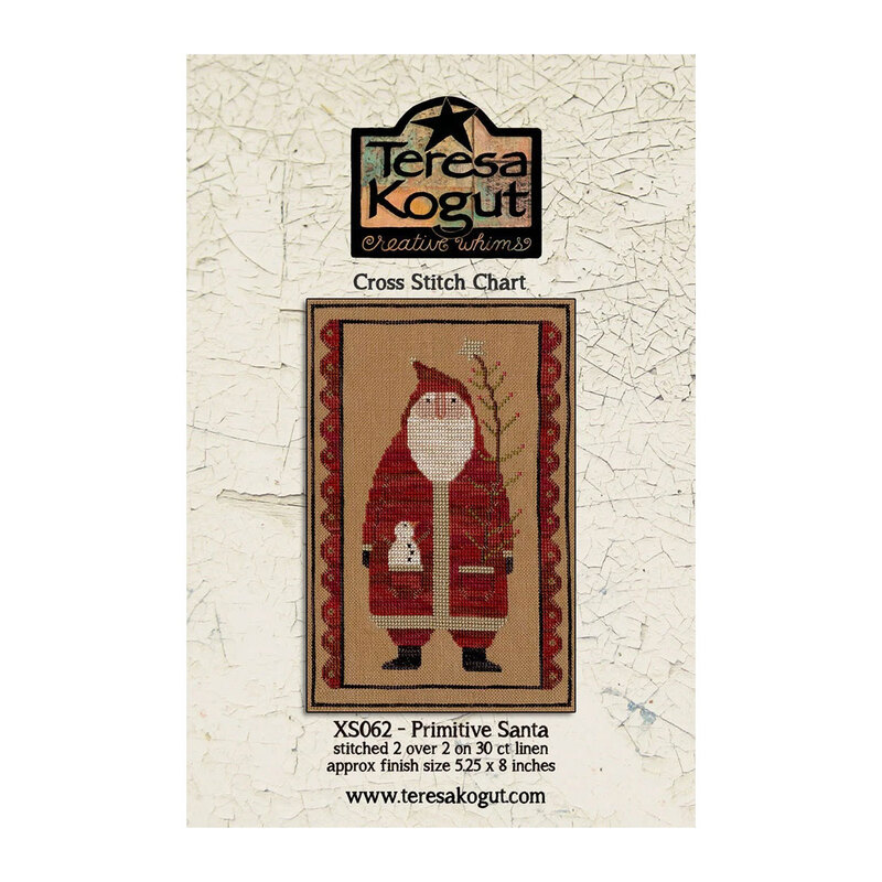 Front cover of the Primitive Santa pattern by Teresa Kogut, with Santa holding a baby snowman and a baby Christmas tree in his pockets.