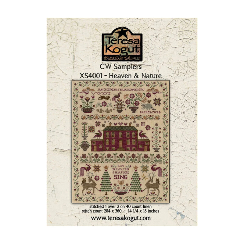 Front cover of the Heaven & Nature pattern by Teresa Kogut, with a medley of festive motifs, animals, exotic birds, reindeer, and more surrounding a large red manor.