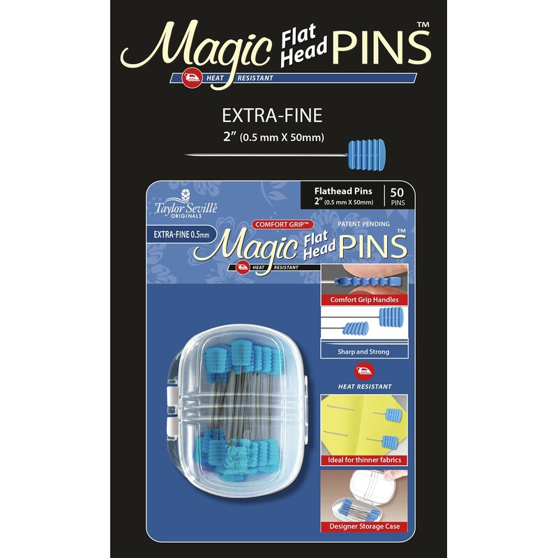 A package of 50 blue Magic Flat Head Pins for patchwork, labeled extra-fine and heat resistant.