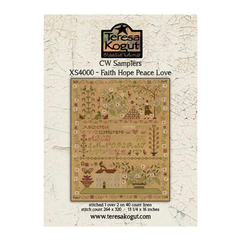 Front cover of the Faith Hope Peace Love pattern by Teresa Kogut on a taupe linen, with spring motifs, colors, florals, dogs, cats, and more.