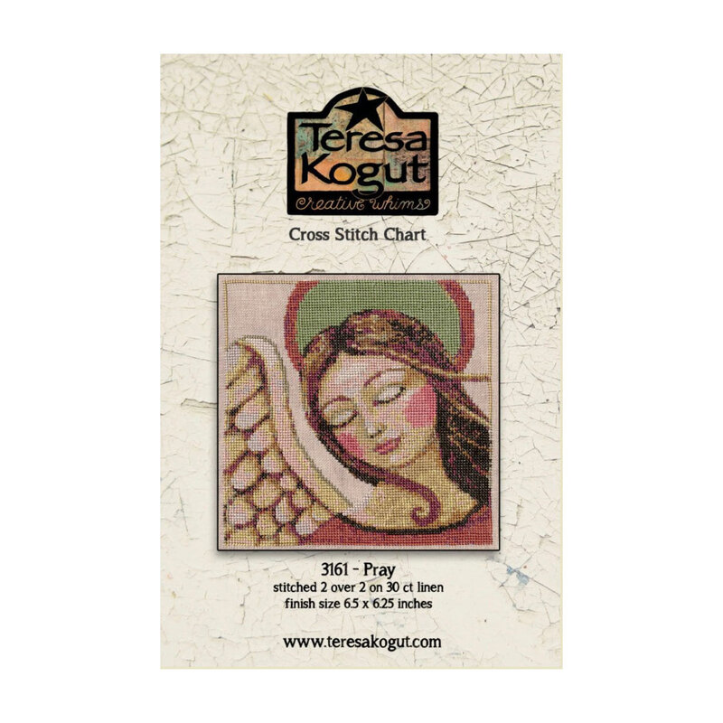 Front cover of the Pray pattern by Teresa Kogut, with a rosy-cheeked angel with waving hair.