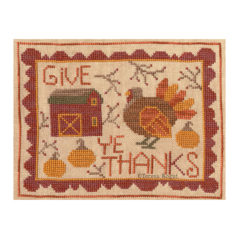 Give Ye Thanks pattern by Teresa Kogut, with Thanksgiving and autumn motifs like pumpkins and a turkey.