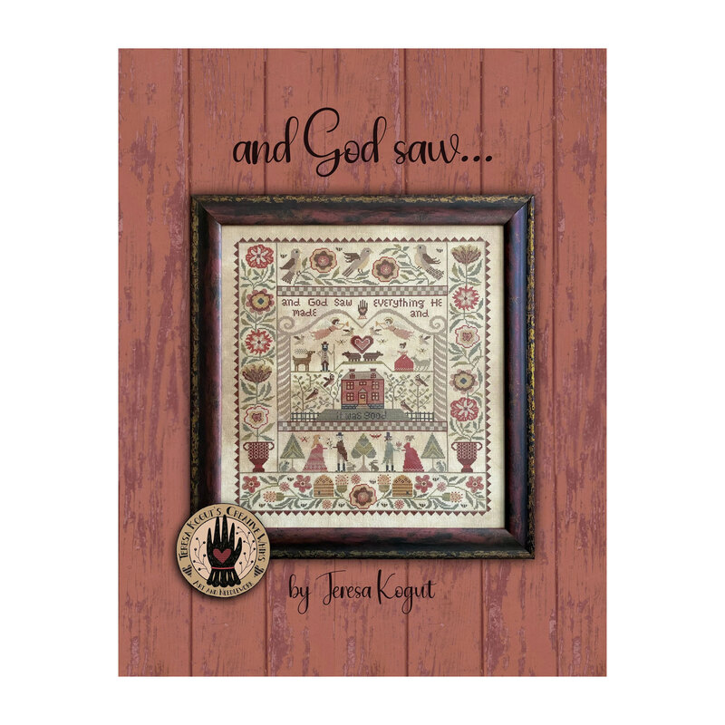 Finished And God Saw cross stitch pattern, with an old-timey design of animals, angels, a manor, trees, townsfolk, and a border of birds and florals hung on a red wood plank background.