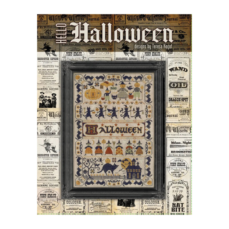 Finished Halloween Sampler cross stitch pattern full of witches, cats, and pumpkins.