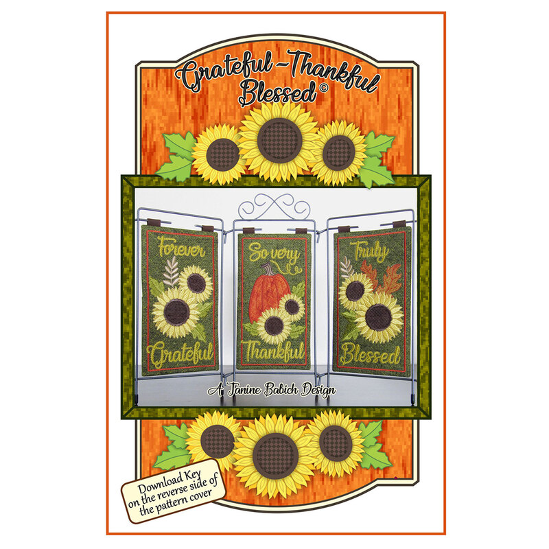 Front cover of the pattern showing the completed sunflower themed projects in warm fall colors.