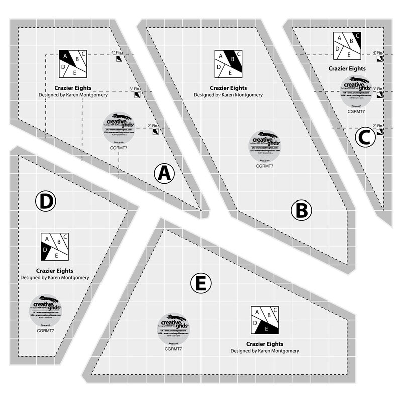Digital mockup of the five Creative Grids crazier eights templates included in the set, isolated against a white background