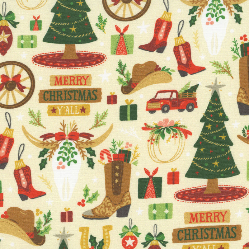 Western themed motifs like cowboy boots, hats, bull skulls, and wagon wheels adorned with holiday decor and accented by western themed ornaments and presents on a beige background.