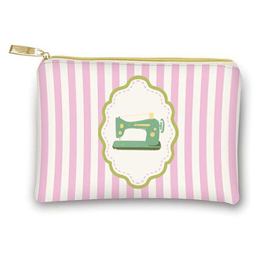 lilac and white striped zipper pouch with a framed sewing machine design, isolated on a white background. 