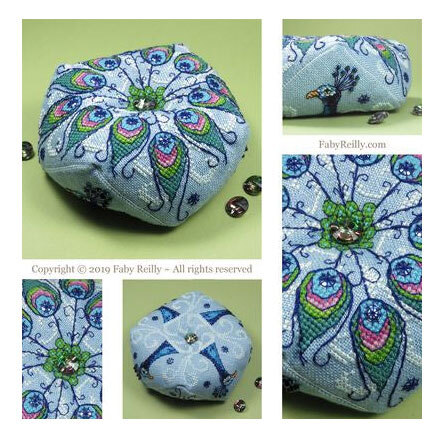 A collage of the completed peacock biscornu project. 