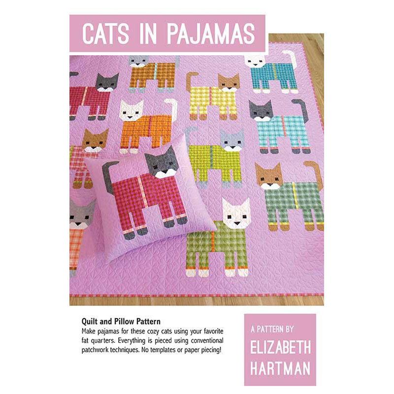 Cover of the finished Cats in Pajamas quilt and pillow in a pink background fabric.