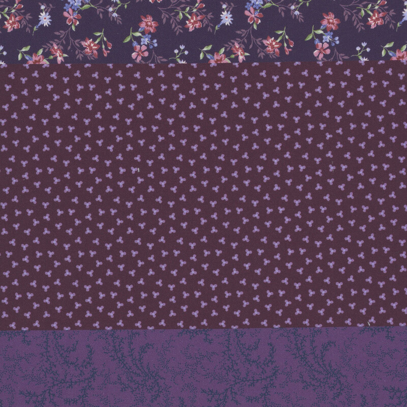 Purple fabric with a distinctive striped design with 8 unique coordinating patterns, including florals, leaves, dots, and other classic motifs.