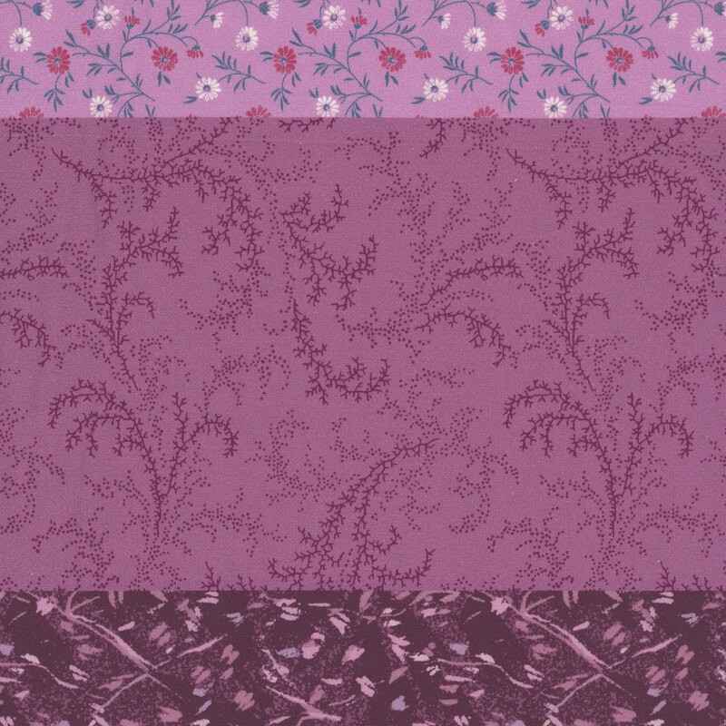 Violet fabric with a distinctive striped design with 8 unique coordinating patterns, including florals, leaves, dots, and other classic motifs.