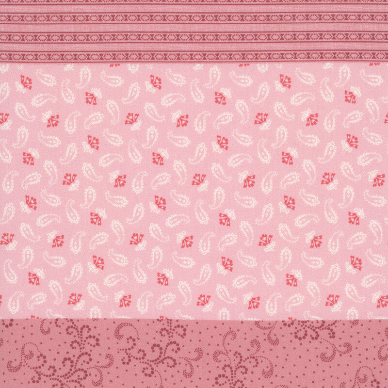 Pink fabric with a distinctive striped design with 8 unique coordinating patterns, including florals, paisley, stripes, and other classic motifs.