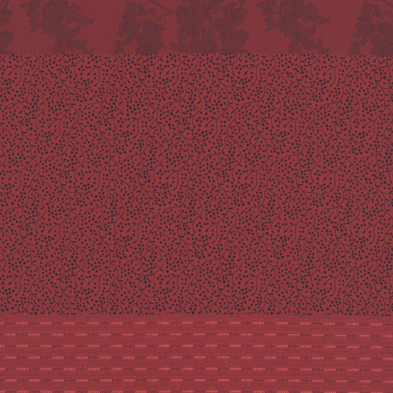 Dark red fabric with a distinctive striped design with 8 unique coordinating patterns, including florals, stripes, leaves, and other classic motifs.