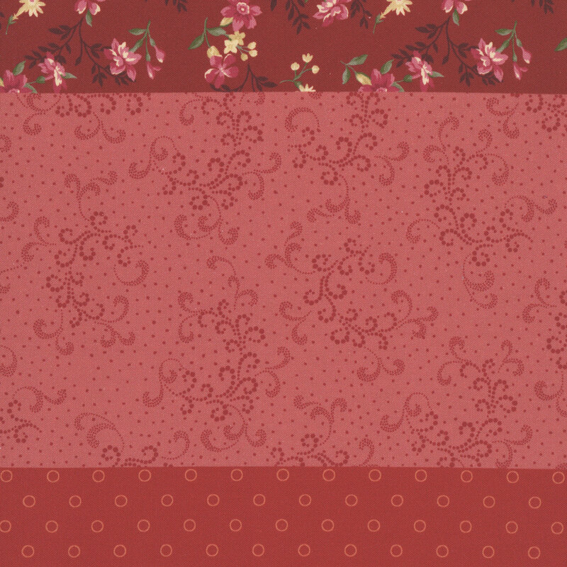 Red fabric with a distinctive striped design with 8 unique coordinating patterns, including florals, dots, leaves, and other classic motifs.