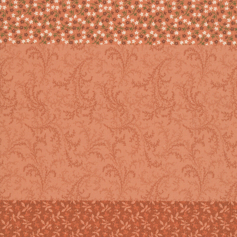 Orange fabric with a distinctive striped design with 8 unique coordinating patterns, including florals, calico, leaves, and other classic motifs.