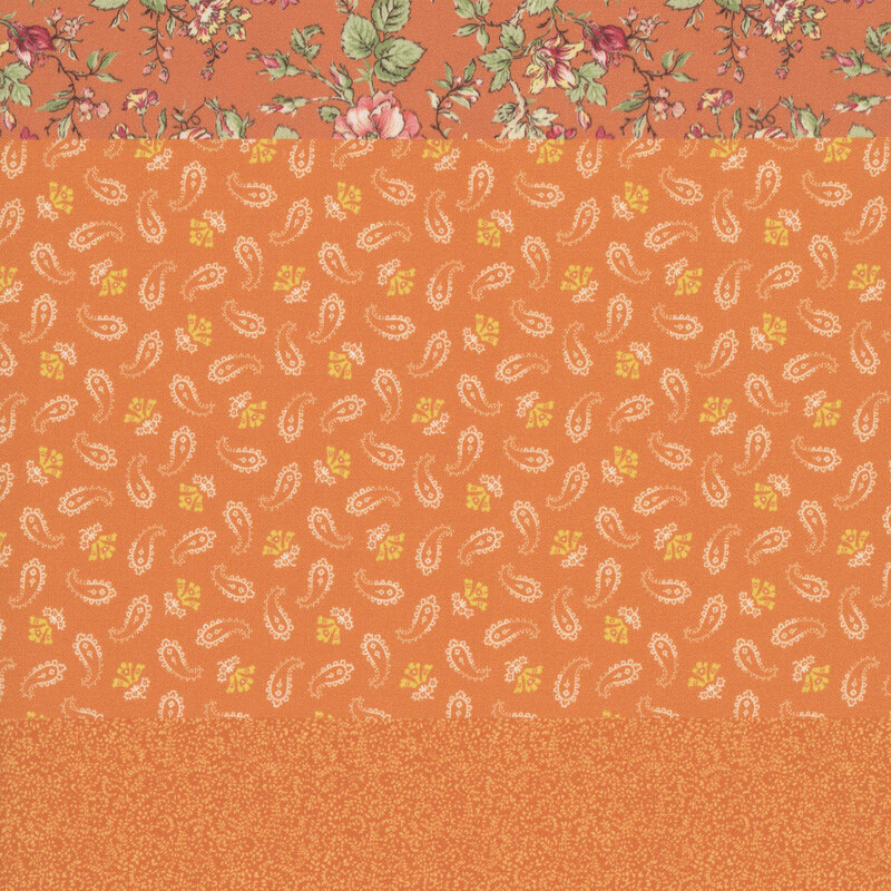 Orange fabric with a distinctive striped design with 8 unique coordinating patterns, including florals, paisley, leaves, and other classic motifs. 