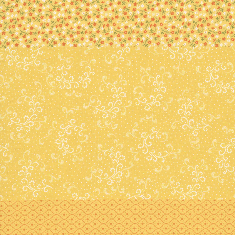 Golden yellow fabric with a distinctive striped design with 8 unique coordinating patterns, including florals, dots, leaves, and other classic motifs.