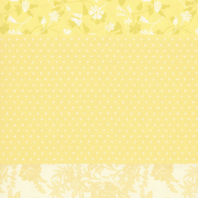 yellow fabric with a distinctive striped design with 8 unique coordinating patterns, including florals, dots, leaves, and other classic motifs.