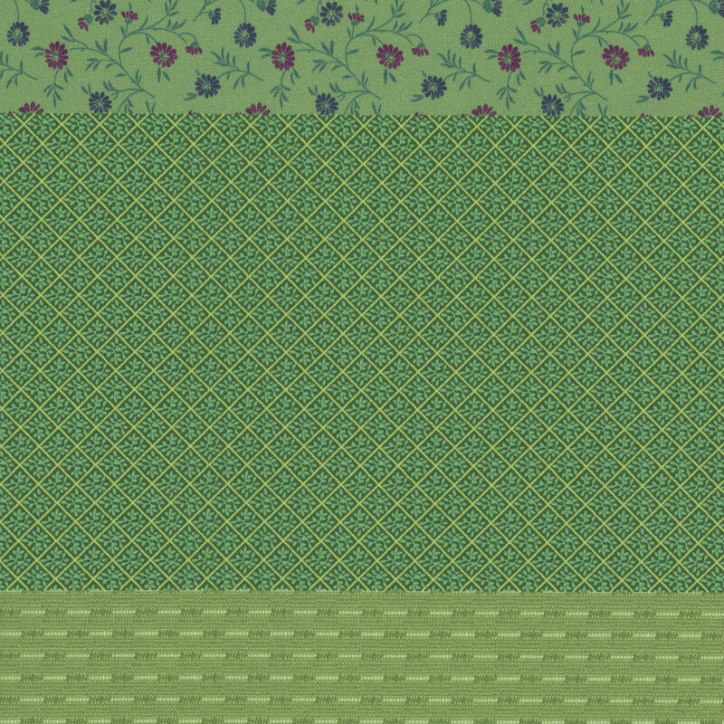 Green fabric with a distinctive striped design with 8 unique coordinating patterns, including florals, stripes, leaves, and other classic motifs.