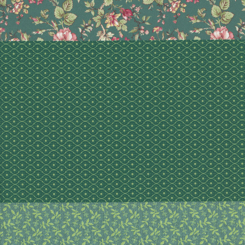 Green fabric with a distinctive striped design with 8 unique coordinating patterns, including florals, calico, leaves, and other classic motifs.