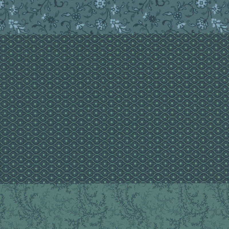 Aqua fabric with a distinctive striped design with 8 unique coordinating patterns, including florals, stripes, leaves, and other classic motifs.