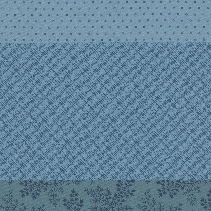 Teal blue fabric with a distinctive striped design with 8 unique coordinating patterns, including florals, texture, dots, and other classic motifs.