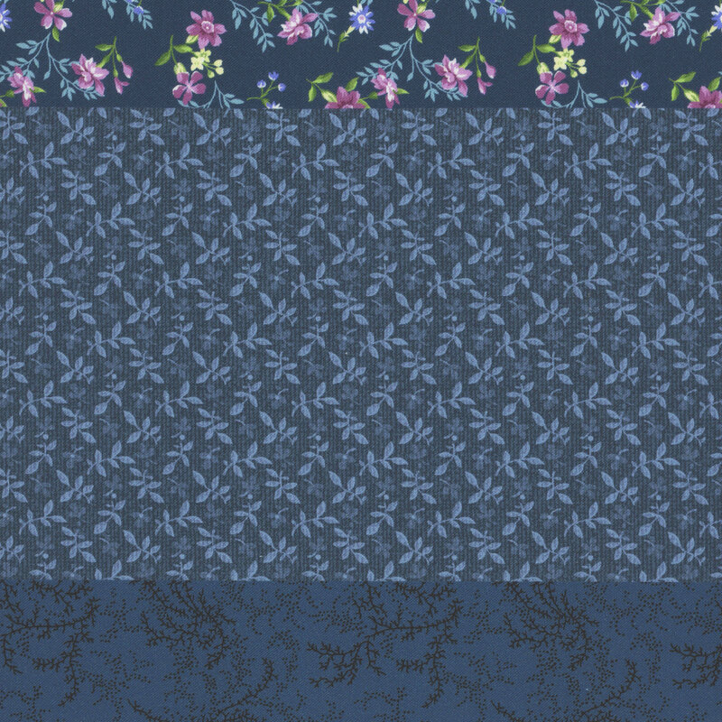 Dark blue fabric with a distinctive striped design with 8 unique coordinating patterns, including florals, leaves, geometrics, and other classic motifs.