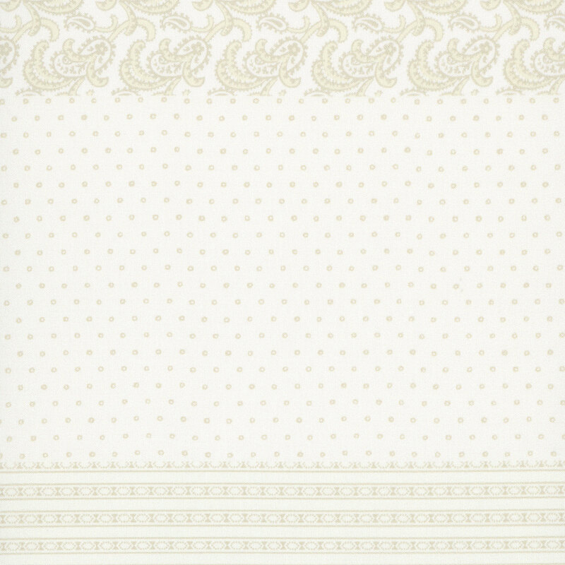 Cream fabric with a distinctive striped design with 8 unique coordinating patterns, including florals, paisley, stripes, and other classic motifs.