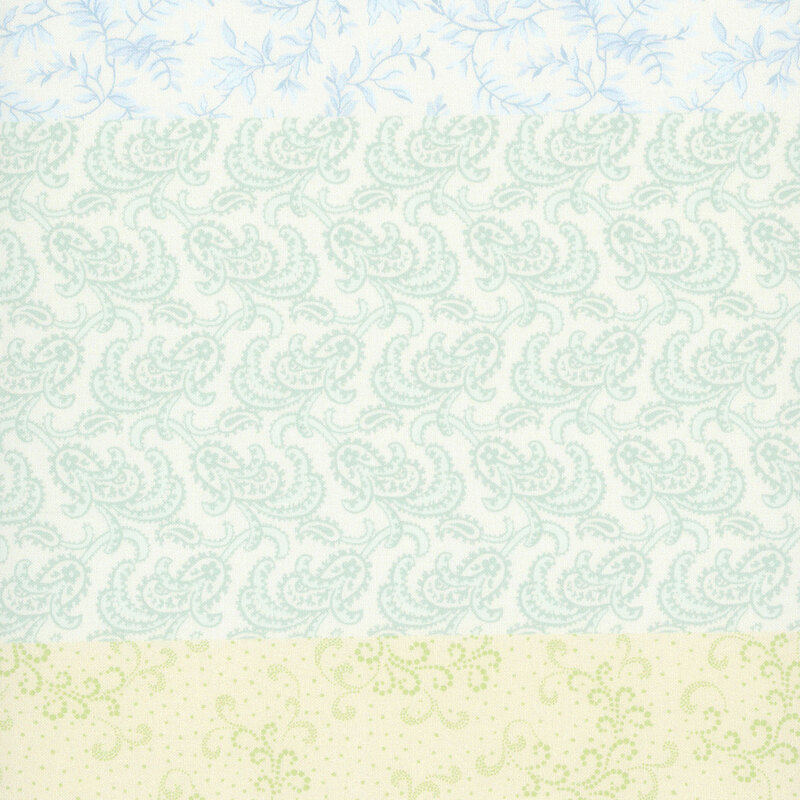 Cream fabric with a distinctive striped design with 8 unique coordinating patterns, including florals, paisley, leaves, and other classic motifs.